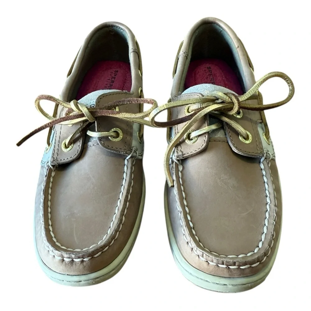 Sperry Top Sider Boat Shoes Womens Size 5M Tan Leather Gold Glitter Deck Lace Up